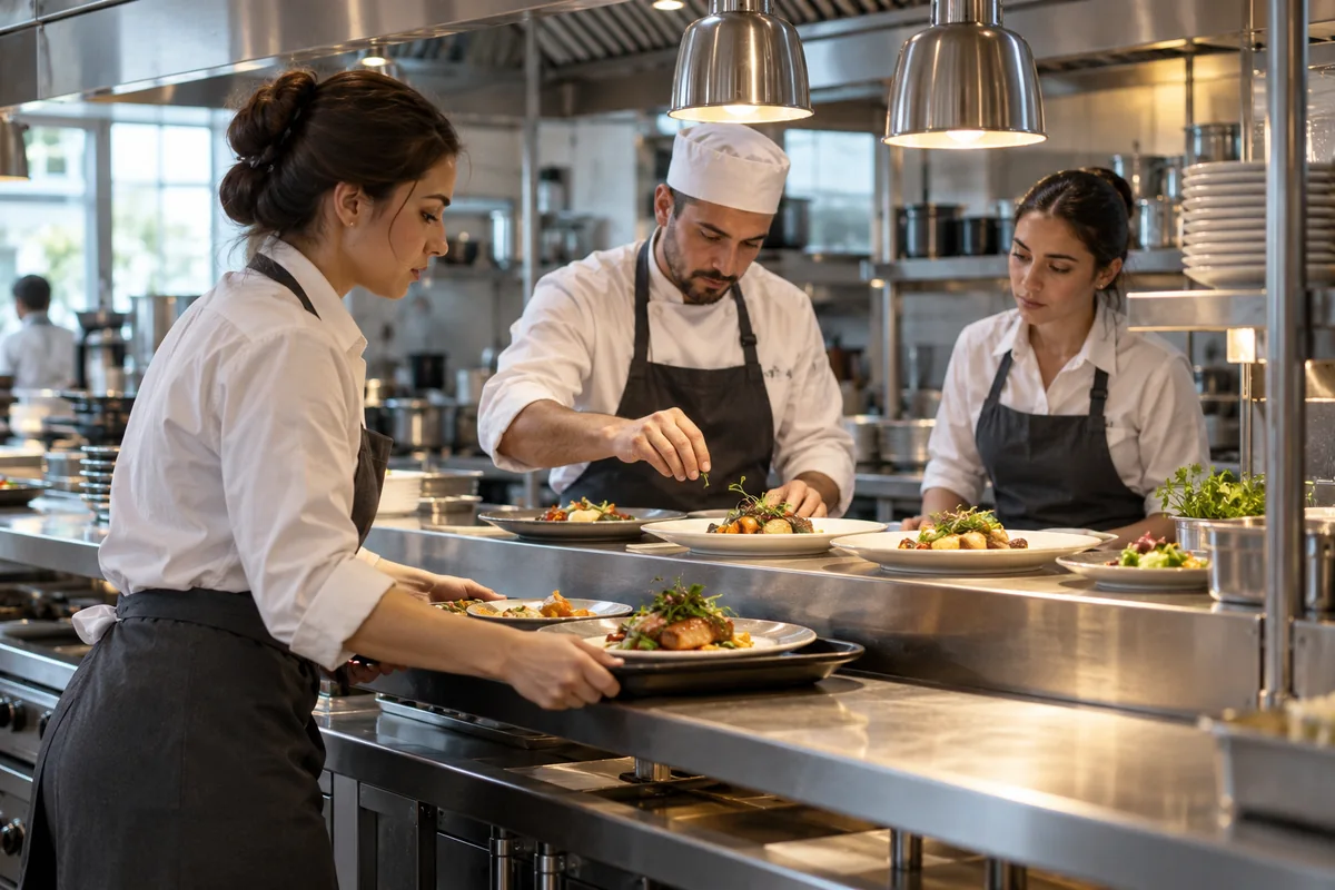 Profesyonel mutfakta servis öncesi tabakları ve tepsileri hazırlayan catering ekibi.
