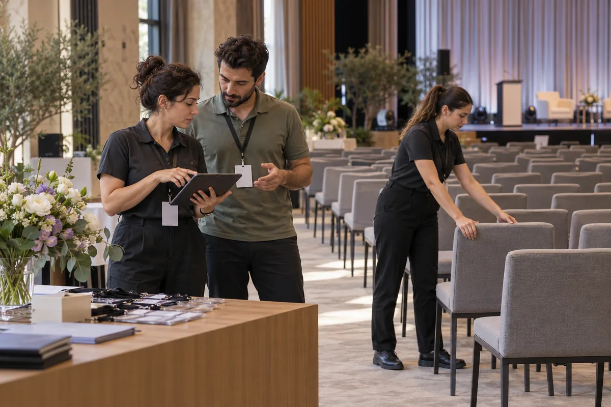 Etkinlik salonunda tablet üzerinden hazırlığı koordine eden ve oturma düzenini kontrol eden ekip.